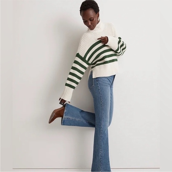 Madewell Wide Rib Stripe Turtleneck Sweater Cream/Green XL - Picture 2 of 7